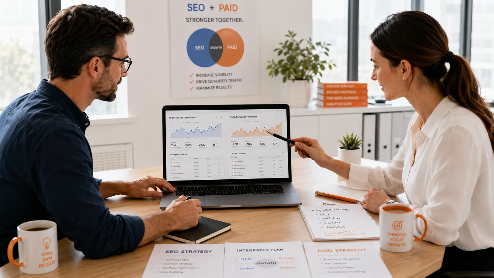 Marketing team combining SEO and paid advertising for sustainable customer acquisition